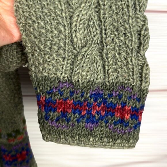 Lost Horizons Nepal Olive Green Wool Nordic Hand Knitted Cardigan Sweater L - Picture 8 of 12